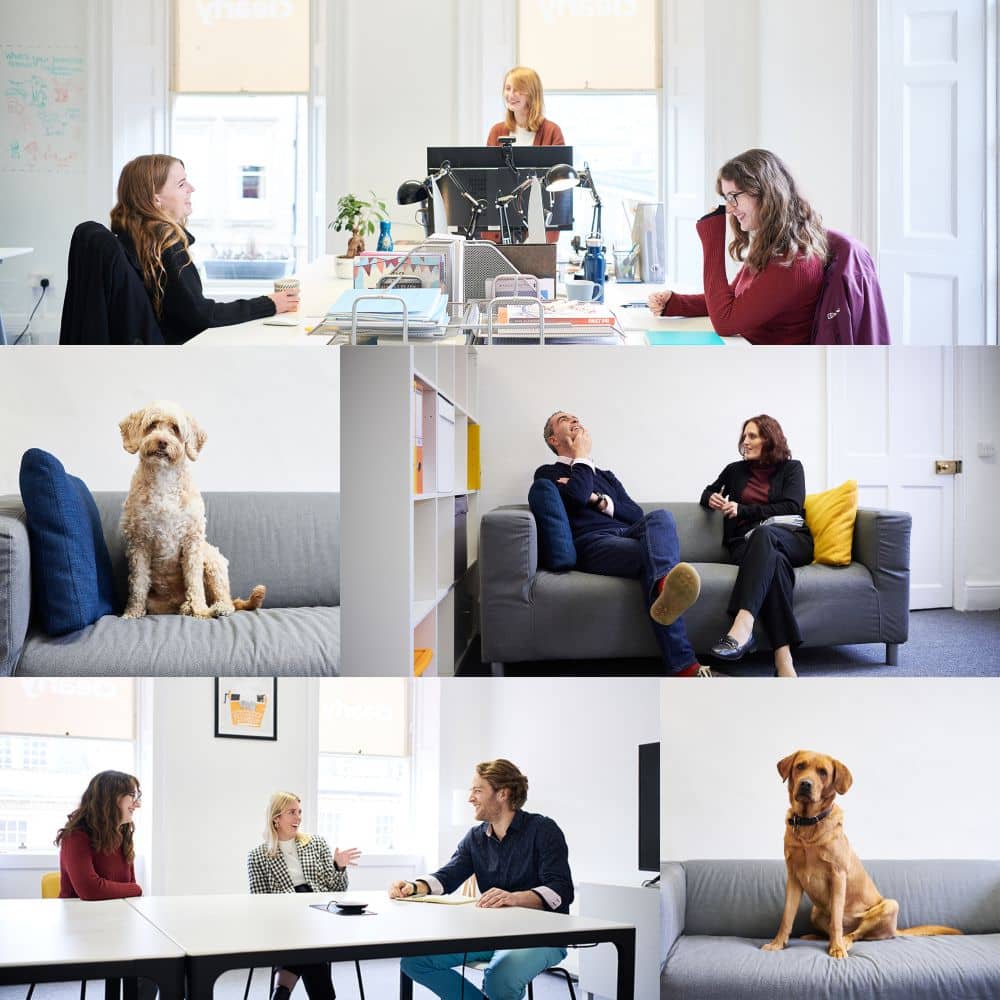 A collage of the Clearly PR team at their offices.
